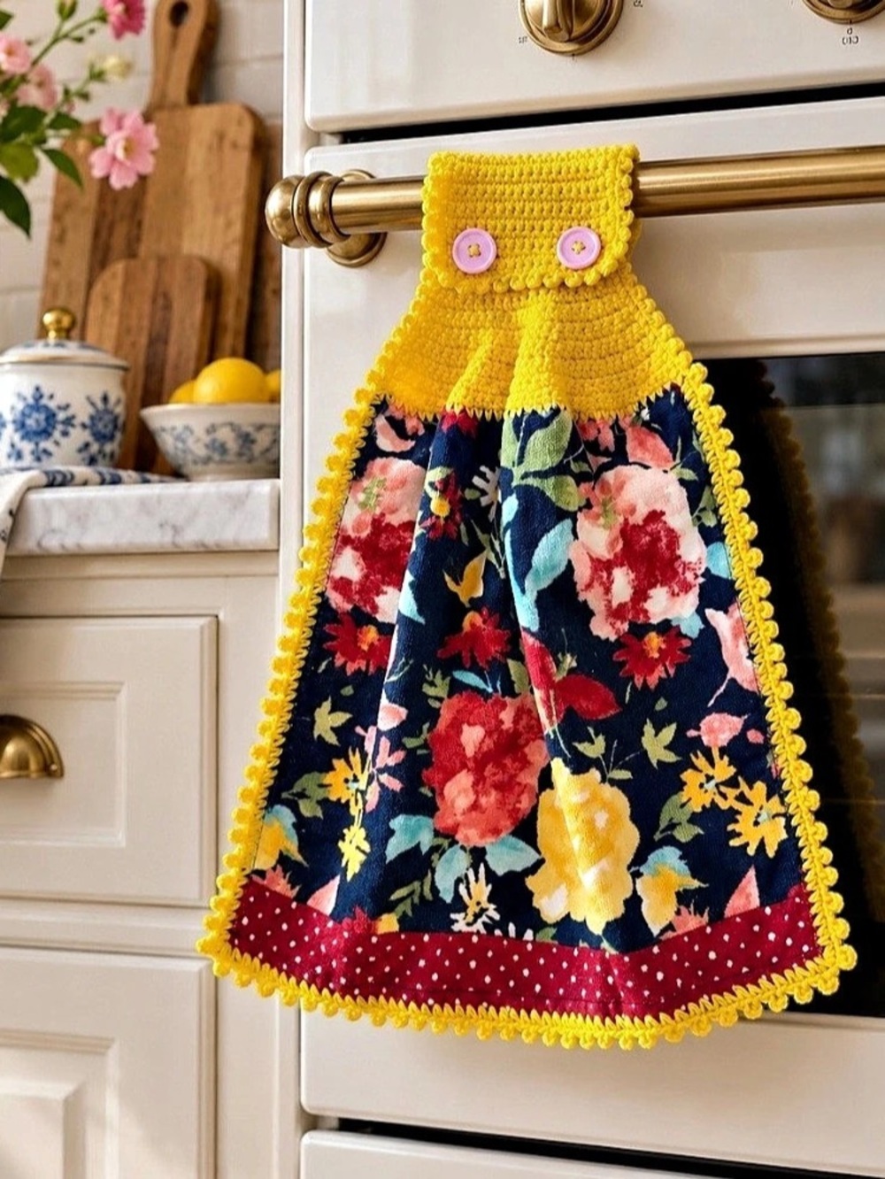 Artisan Handmade Crochet Hanging Kitchen Towel Navy Floral Yellow Ruffled
